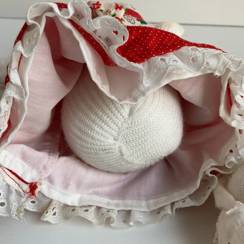 Vintage 80s Christmas sock bunny and baby red dress and Christmas print apron